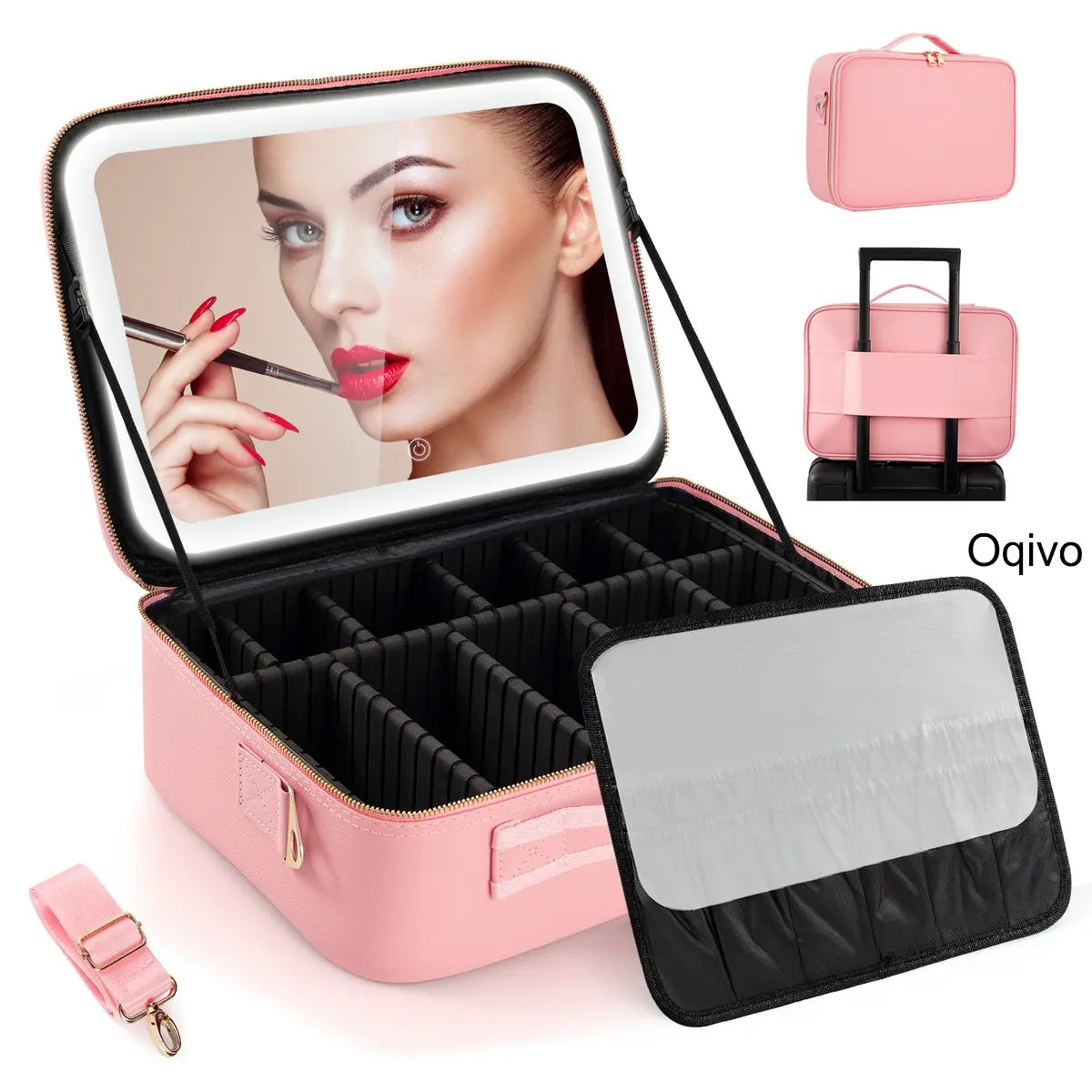 Large Travel Makeup Bag with LED Mirror & Dividers