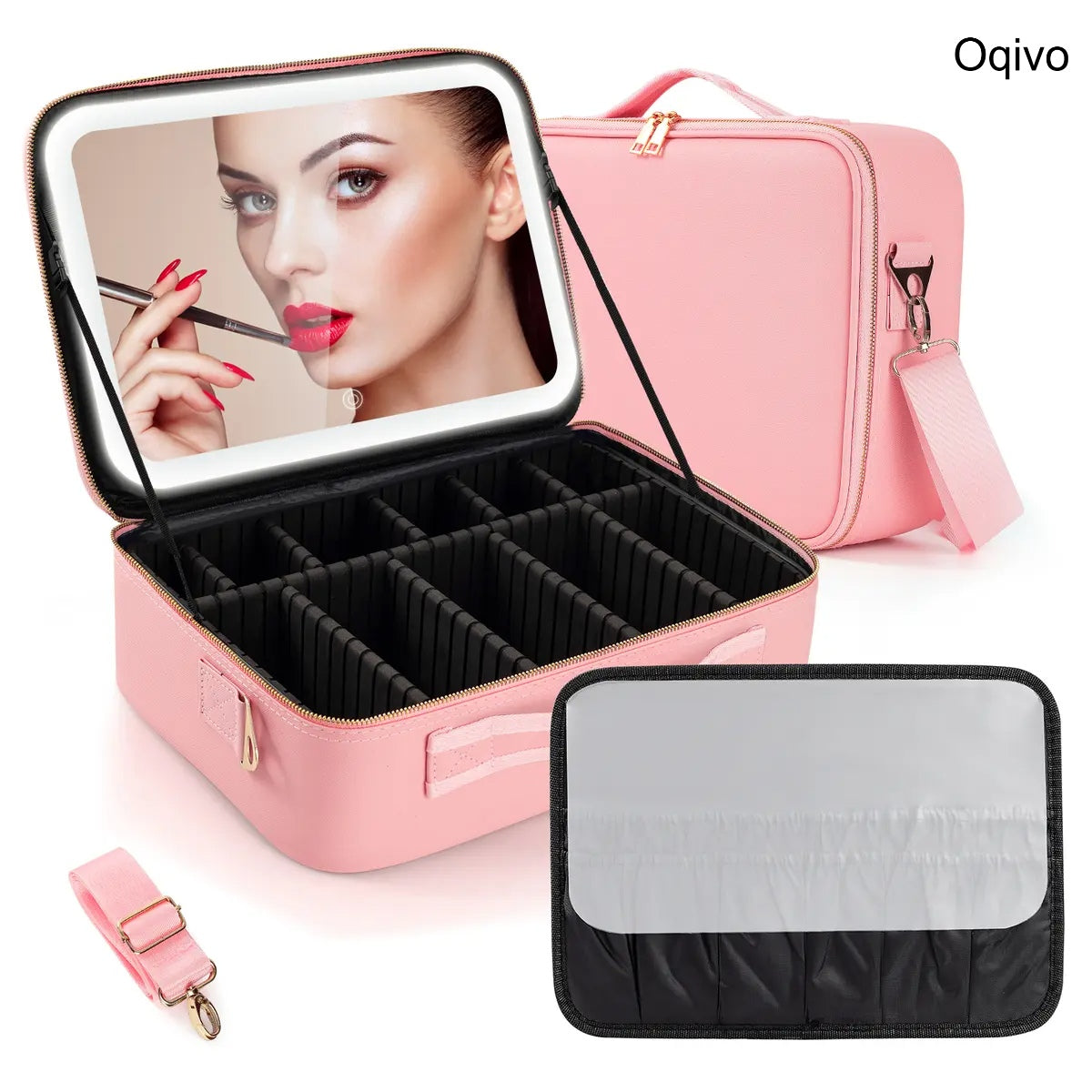 Large Travel Makeup Bag with LED Mirror & Dividers