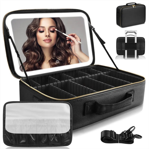 Large Travel Makeup Bag with LED Mirror & Dividers